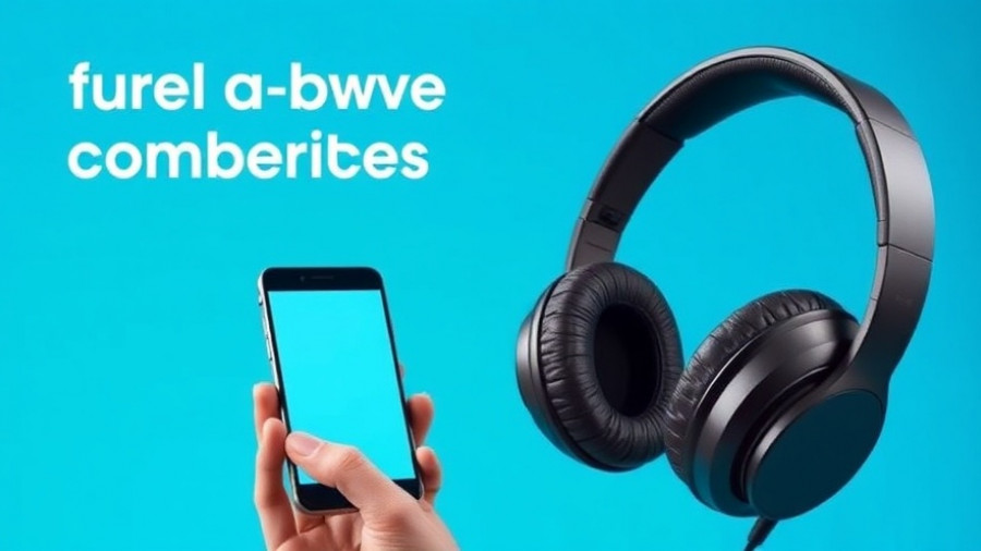 Discount ad with smartphone and headphones, vibrant design.