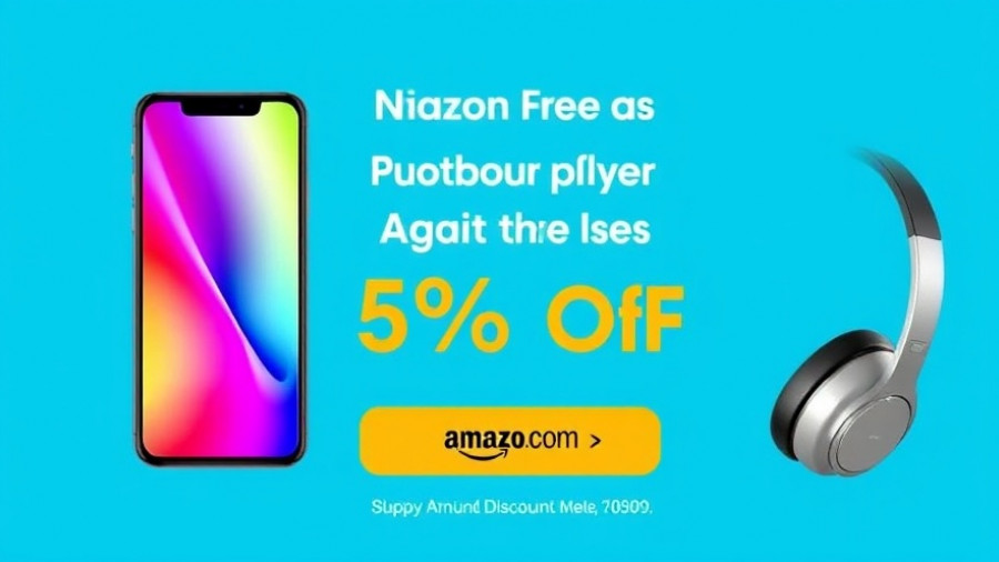 Advertisement for headphones and smartphone with discount offer on Amazon.