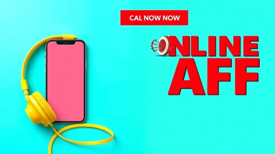 Vibrant ad with smartphone and headphones on turquoise.