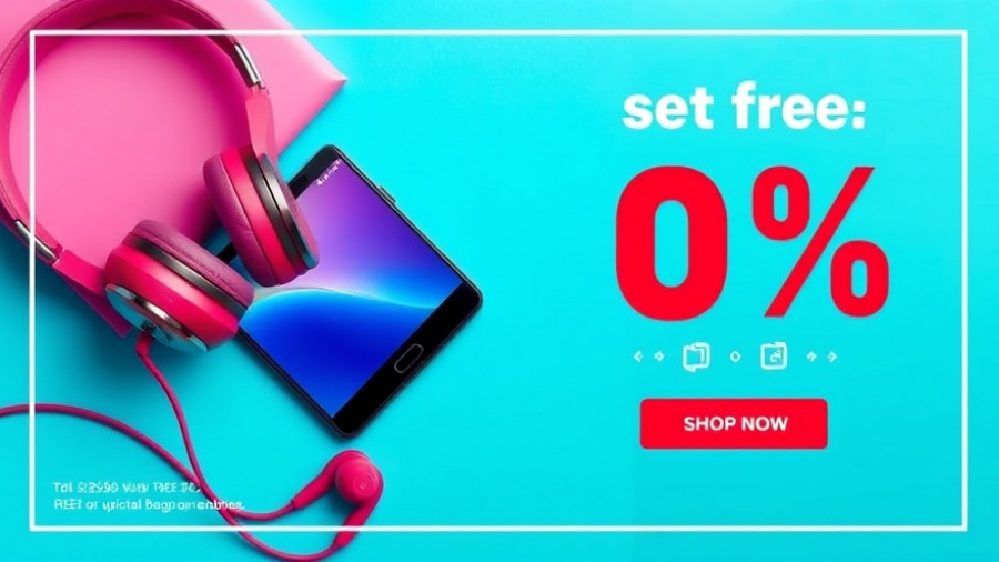 Vibrant digital ad banner with discount offer, smartphone, headphones.