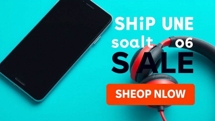 Colorful promo banner with smartphone and headphones, vibrant turquoise.