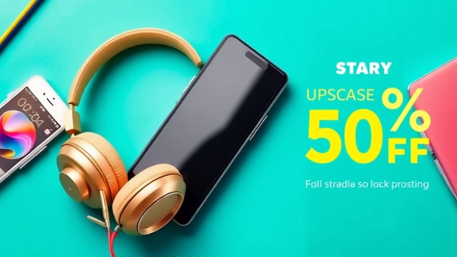 Modern marketing ad with discount on smartphone and headphones.