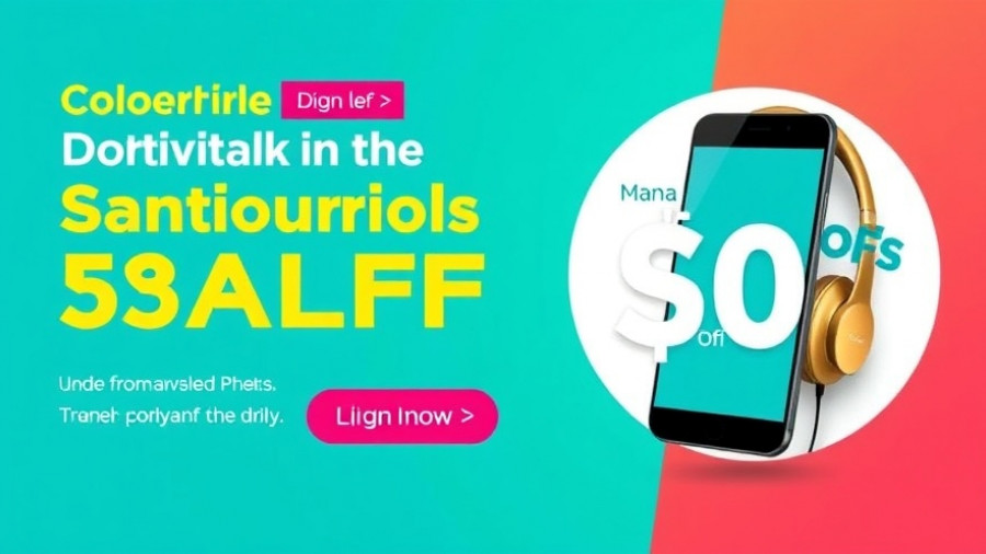 Promotional banner with phone and headphones, vibrant teal background.