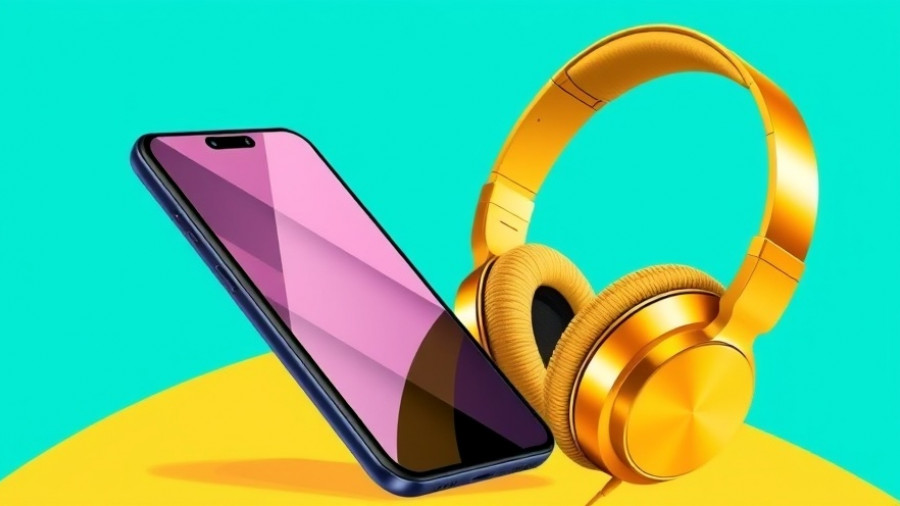 Vibrant ad banner for smartphone and headphones.