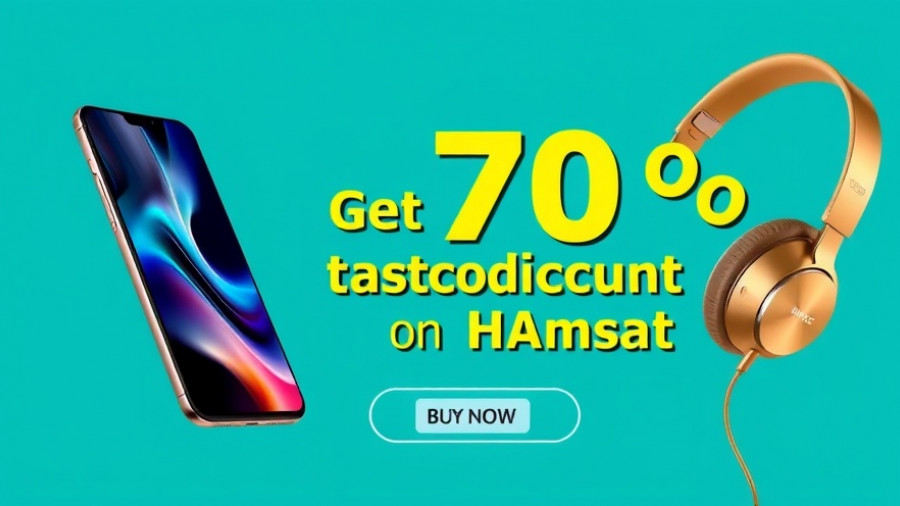 Digital banner with a 70% discount offer on Amazon, featuring a smartphone and headphones.