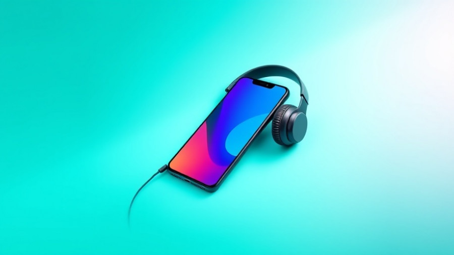 Digital ad featuring smartphone and headphones on turquoise.