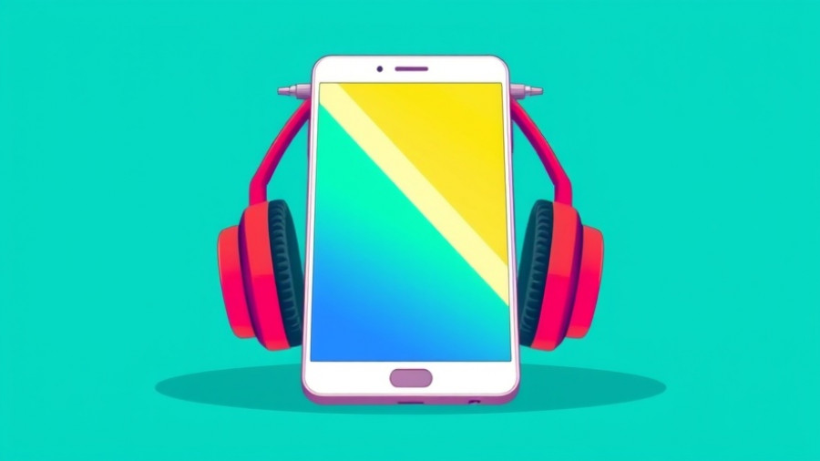 Vibrant ad with smartphone and headphones on teal background.