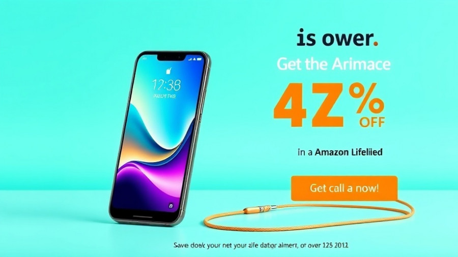 Discount ad banner on turquoise background with smartphone and headphones.