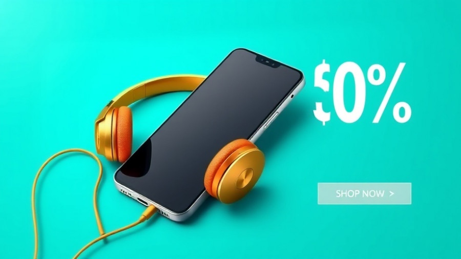 Ad showing smartphone and headphones with discount offer.