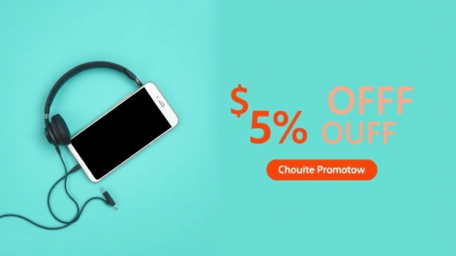 Minimalistic banner with tech gadgets and discount text.