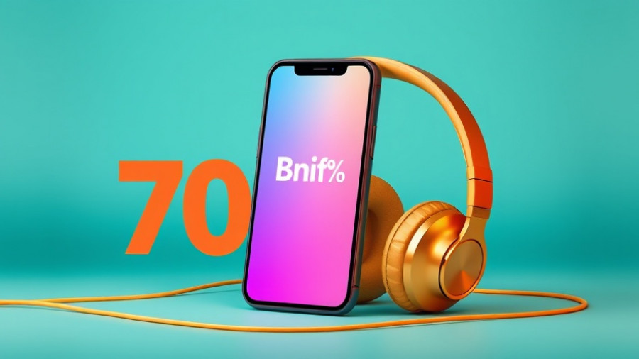 Advertisement banner for Amazon with smartphone and headphones on teal background.
