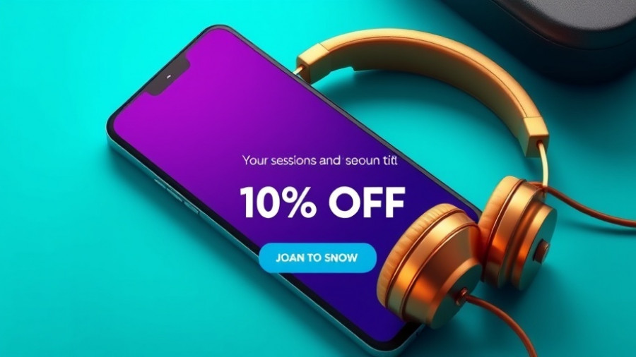 Turquoise promotional banner with phone and headphones on discount.