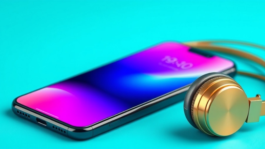 Modern ad with smartphone and gold headphones, vibrant design.