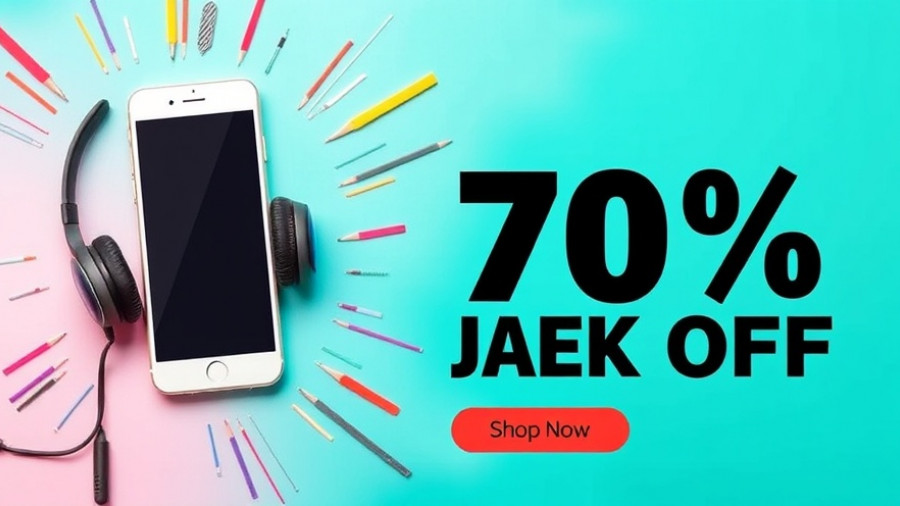 Advertisement banner with smartphone and headphones showing 70% discount offer.