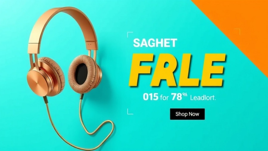 Golden headphones and phone with discount ad, cyan background.