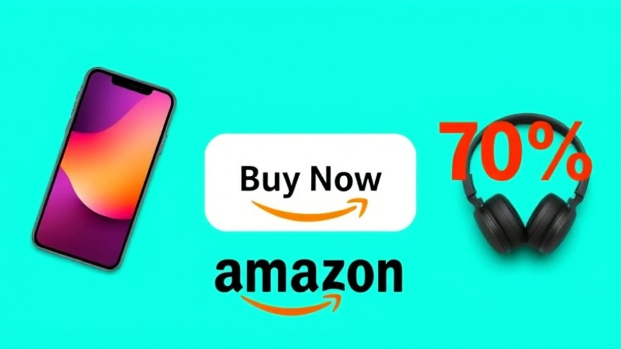 Smartphone and headphones ad banner promoting 70% discount on Amazon.