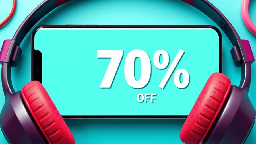 Vibrant ad promoting 70% discount on gadgets with turquoise background.