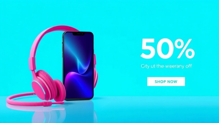 Modern advertisement banner promoting discounts on Amazon with smartphone and headphones.