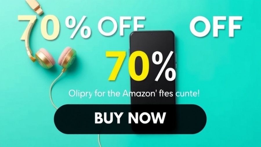 Vibrant Amazon discount banner with smartphone and headphones.