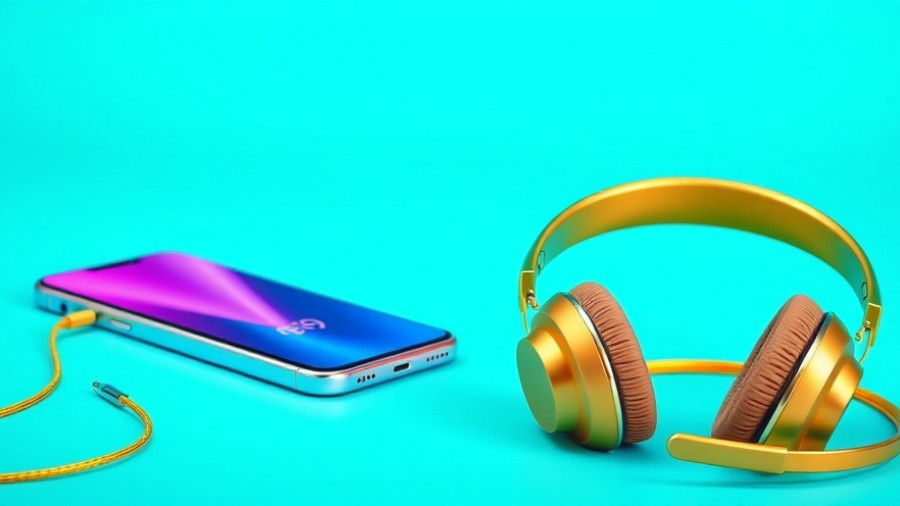 Advertisement with smartphone and headphones, vibrant cyan background.