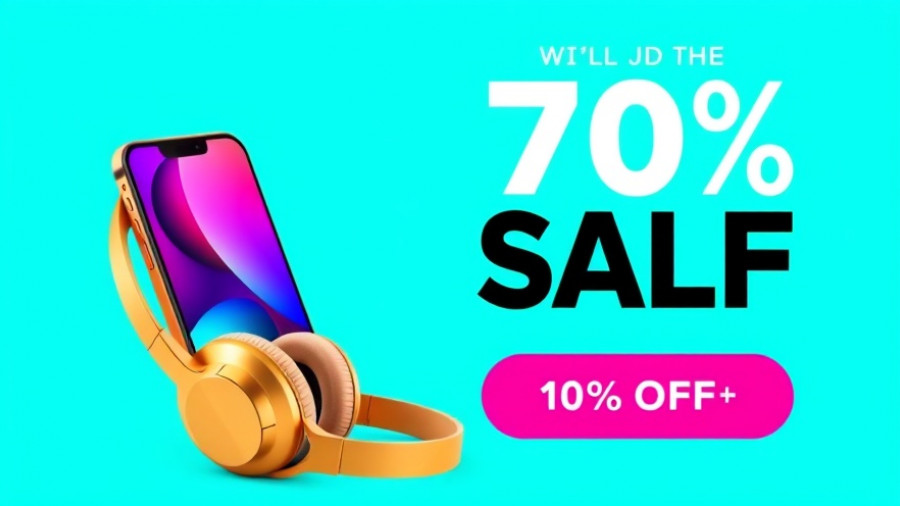 Amazon discount ad with smartphone and headphones.