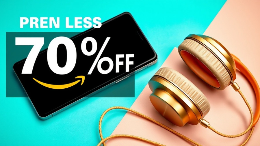Bright banner with smartphone and headphones offering 70% discount on Amazon.