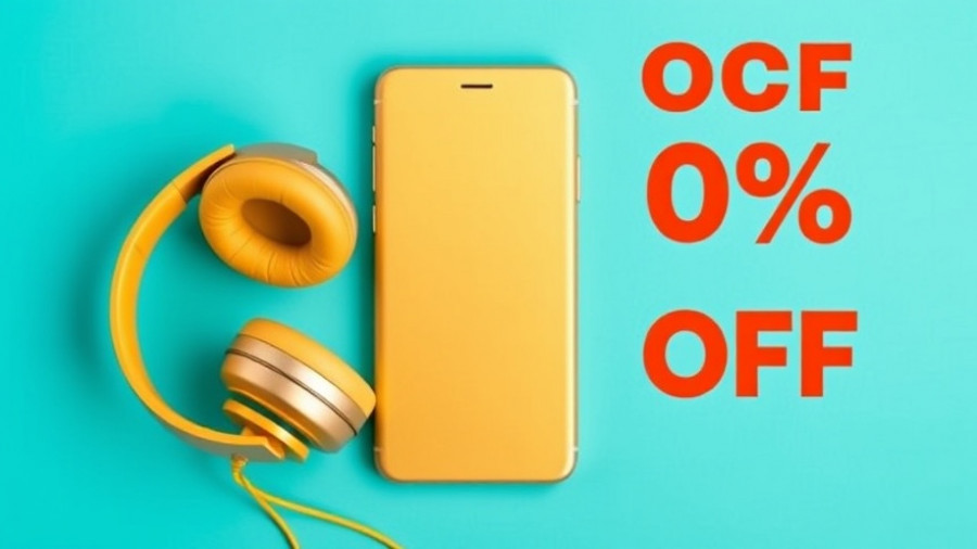 Bright advertisement banner with smartphone and headphones.