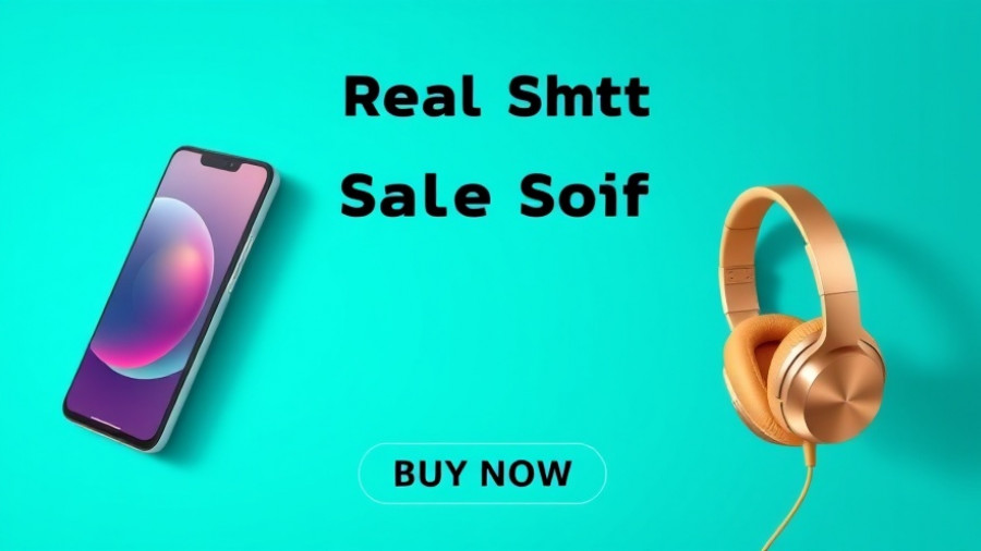 Teal ad banner with smartphone and gold headphones.