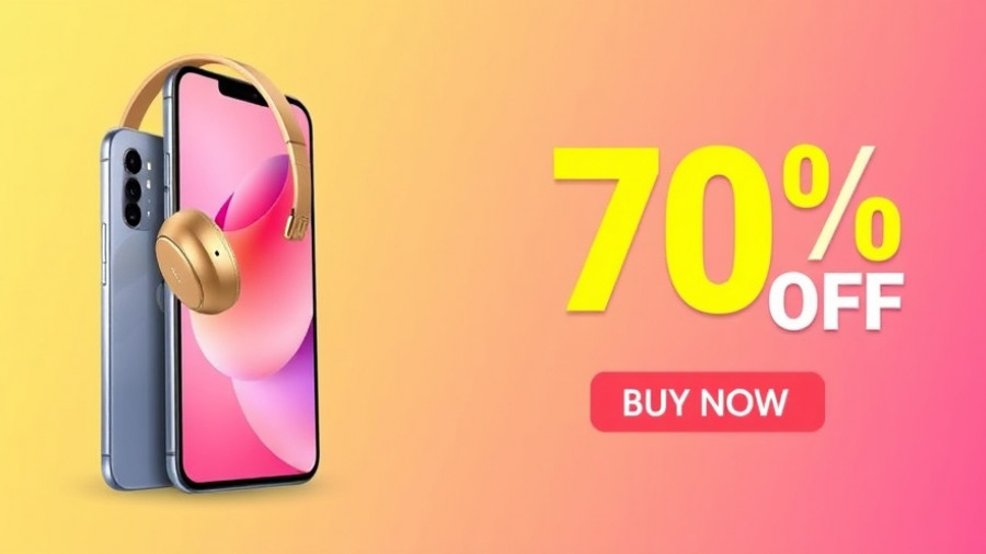 Promotional banner advertising smartphone and gold headphones with 70% discount offer.