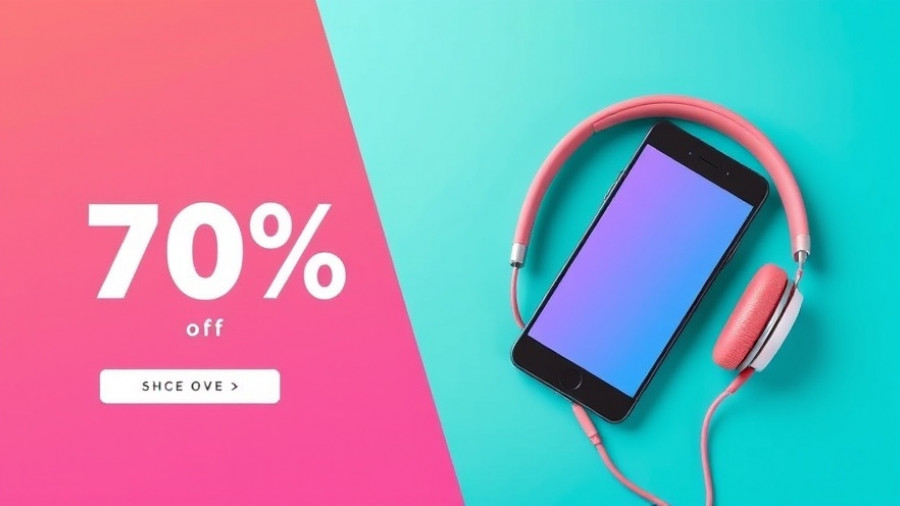 Advertisement banner highlighting 70% off deals on Amazon with phone and headphones, turquoise backdrop.