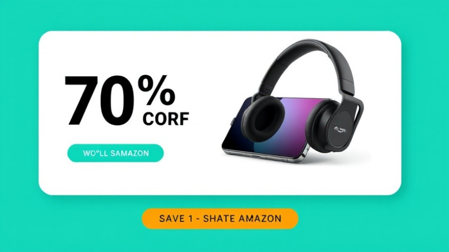 Digital banner with smartphone and headphones on teal background.