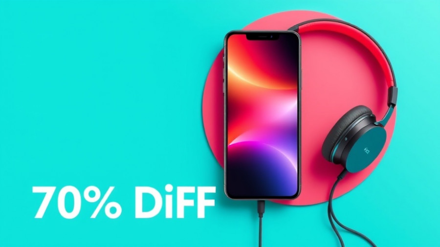 Vibrant ad with phone and headphones on turquoise background.