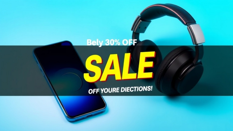 Bold ad banner for discounts, smartphone and headphones, vibrant design.
