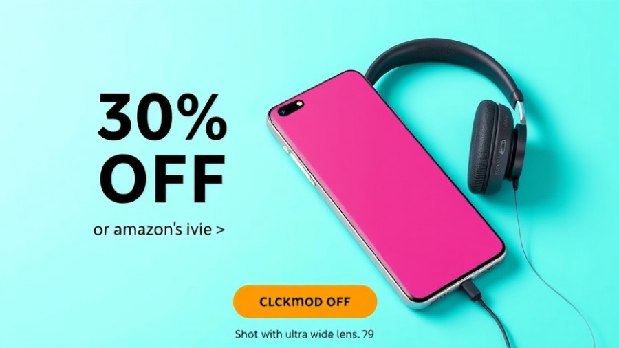 Colorful discount ad with phone and headphones on turquoise background.