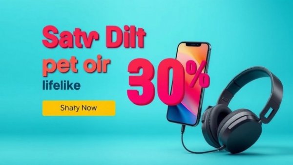 Electronics discount banner with smartphone and headphones.