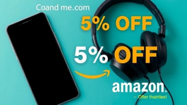 Amazon discount ad with phone and headphones, blue background.