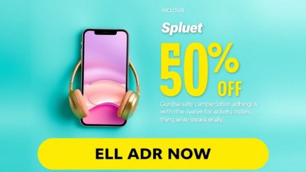 Vibrant ad banner for discount deals, smartphone and gold headphones.