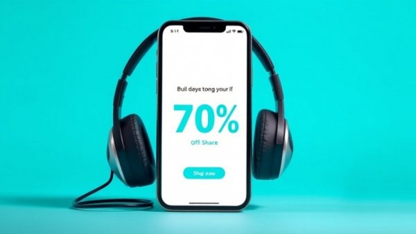 Ad for a 70% discount on Amazon showcasing a phone and headphones.