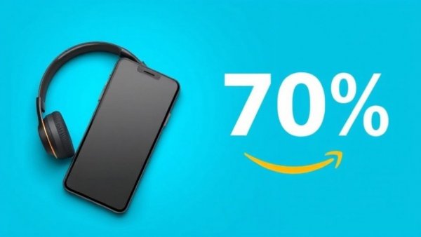 Promotional banner offering 70% discount with smartphone and headphones.