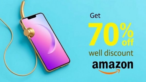Advertisement banner for Amazon discount with phone and headphones, vibrant design.
