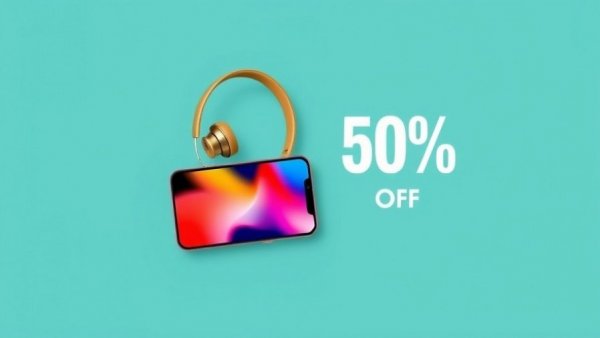 Ad showcasing smartphone and headphones with Amazon discount.