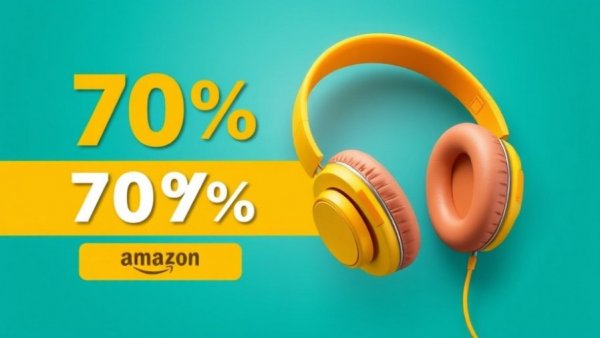 Vibrant ad banner with smartphone and headphones, discount offer.
