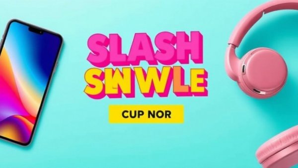 Online shopping ad with phone and headphones against turquoise background.