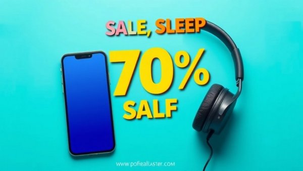 Bright advertisement banner with smartphone and headphones offering discount.