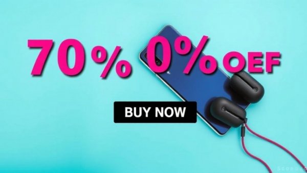 Promotional banner with smartphone and headphones, vibrant teal background showcasing a 70% discount offer on Amazon.