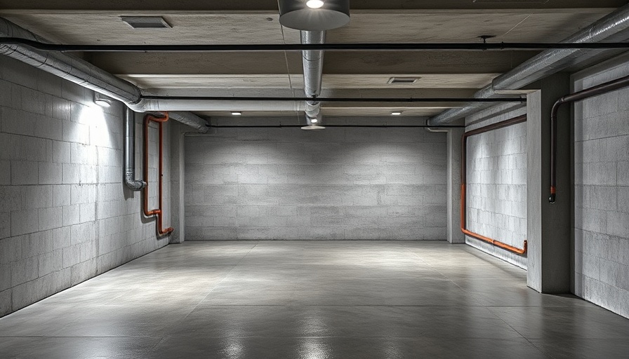 Basement waterproofing and flood prevention setup in an empty basement.