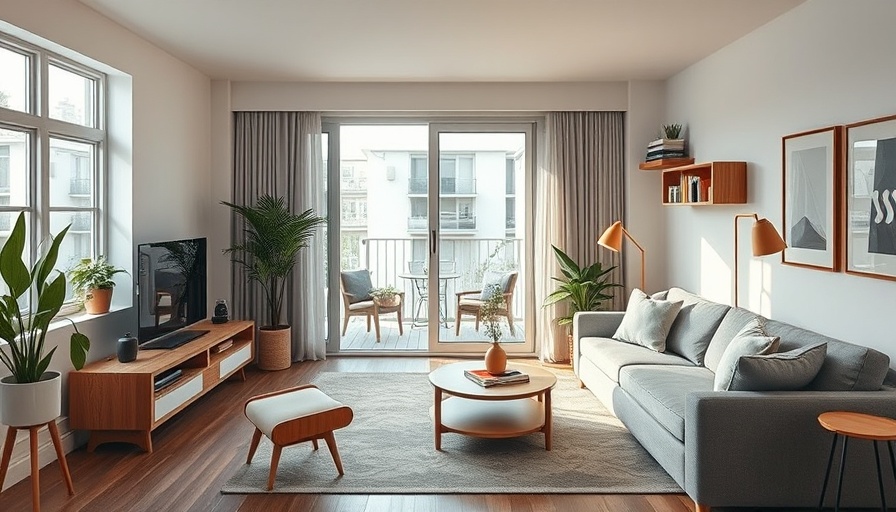 Optimized living room layout with multifunctional furniture and bright decor.