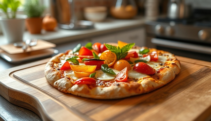 Delicious homemade vegetable pizza on bear-shaped board.