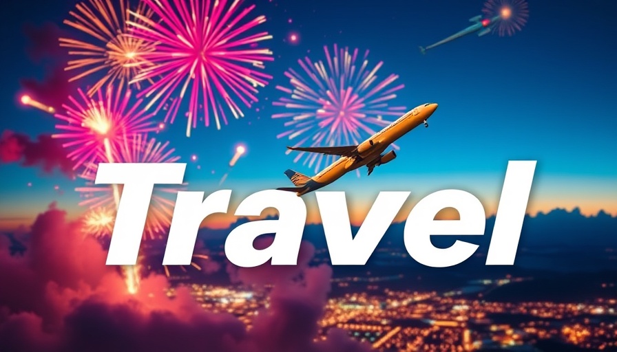 Vibrant travel ad with luggage and airplane.