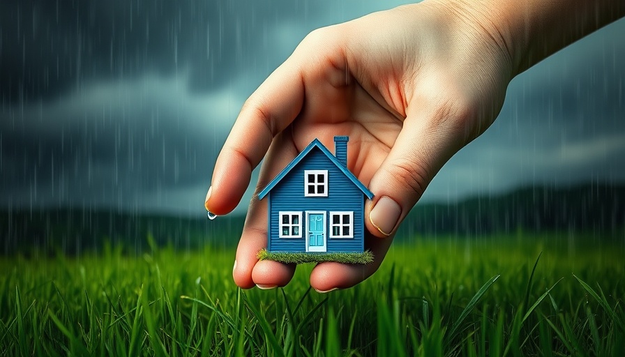 Surreal giant hand covering miniature house in rain